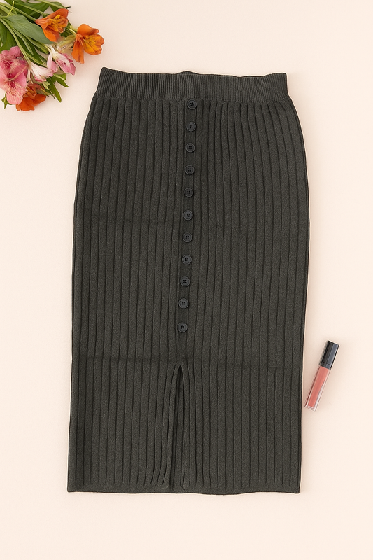 Ribbed Knit Skirt with Front Buttons