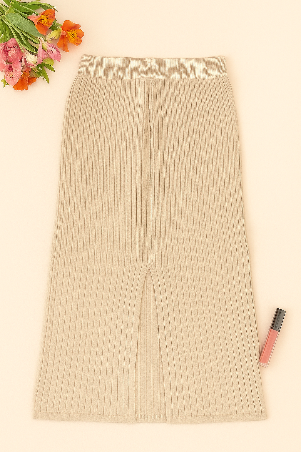 Beige High-Waisted Knitted Skirt