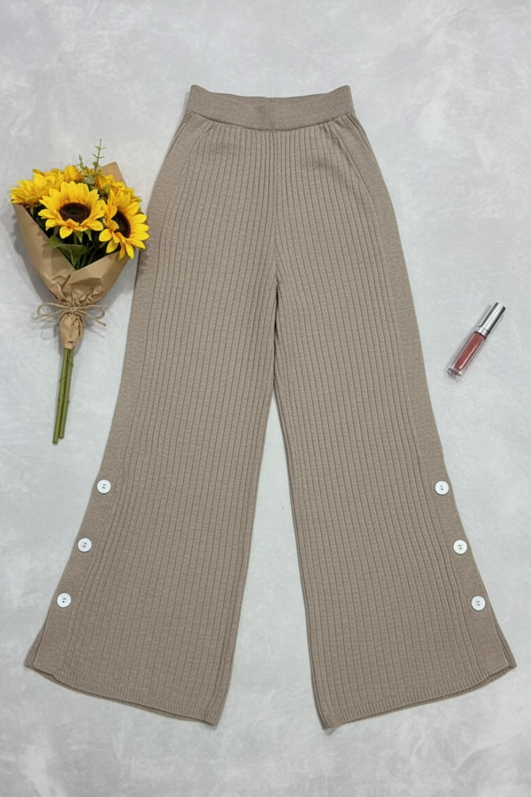 Rib-Knit Button-Detail Trousers