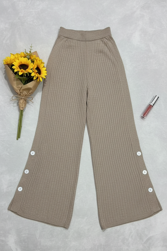 Rib-Knit Button-Detail Trousers