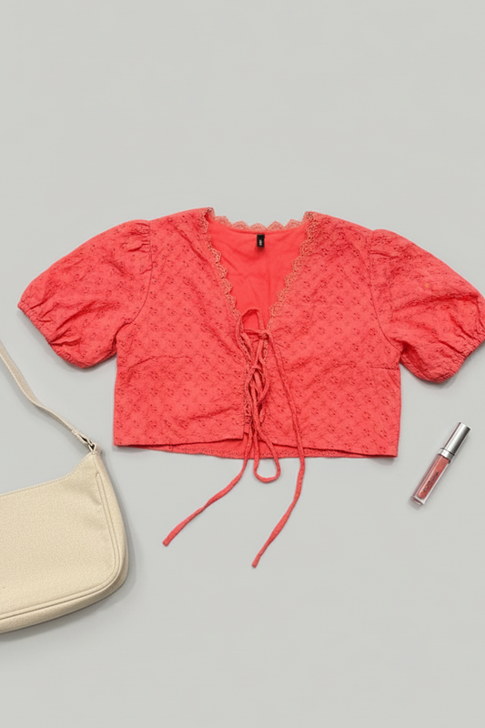 Guava Eyelet Lace-Up Top