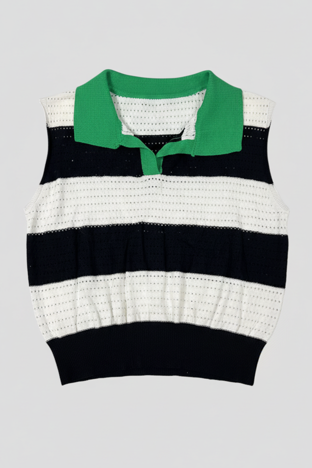 Striped Sleeveless Knit Polo Top