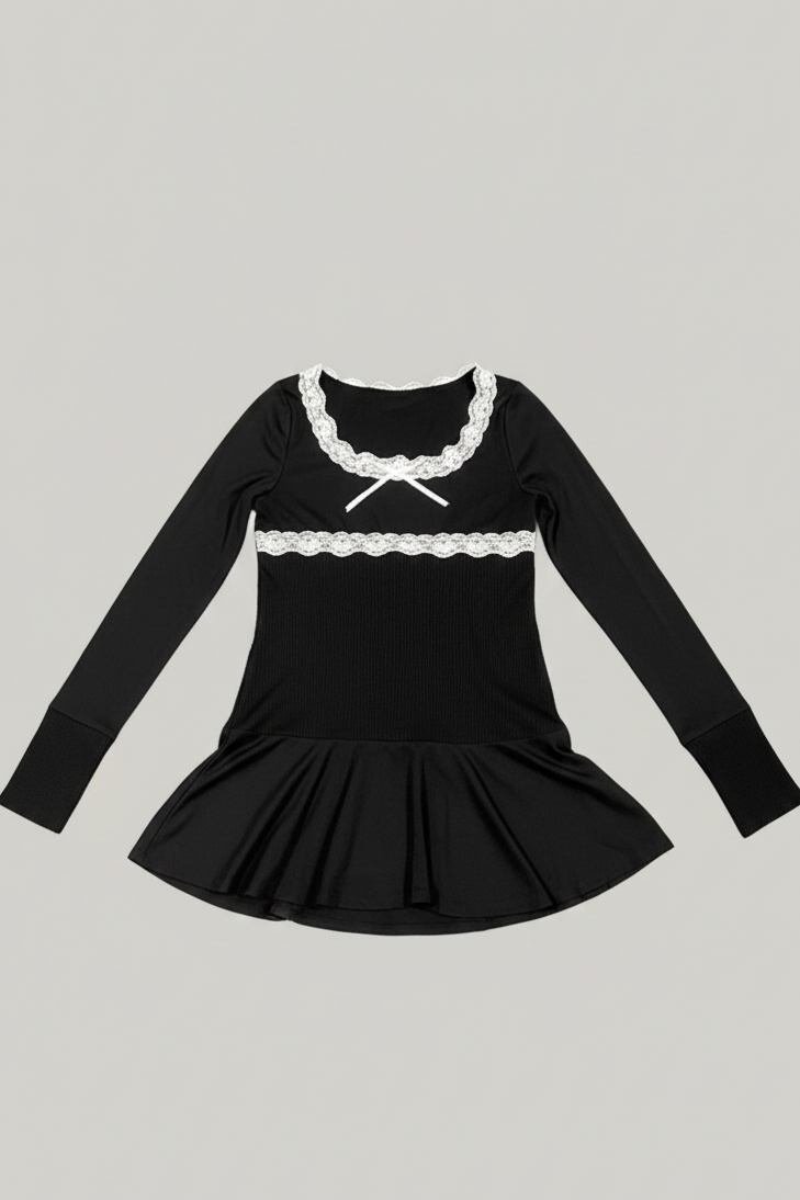 Black Lace-Trim Long Sleeve Mini Dress