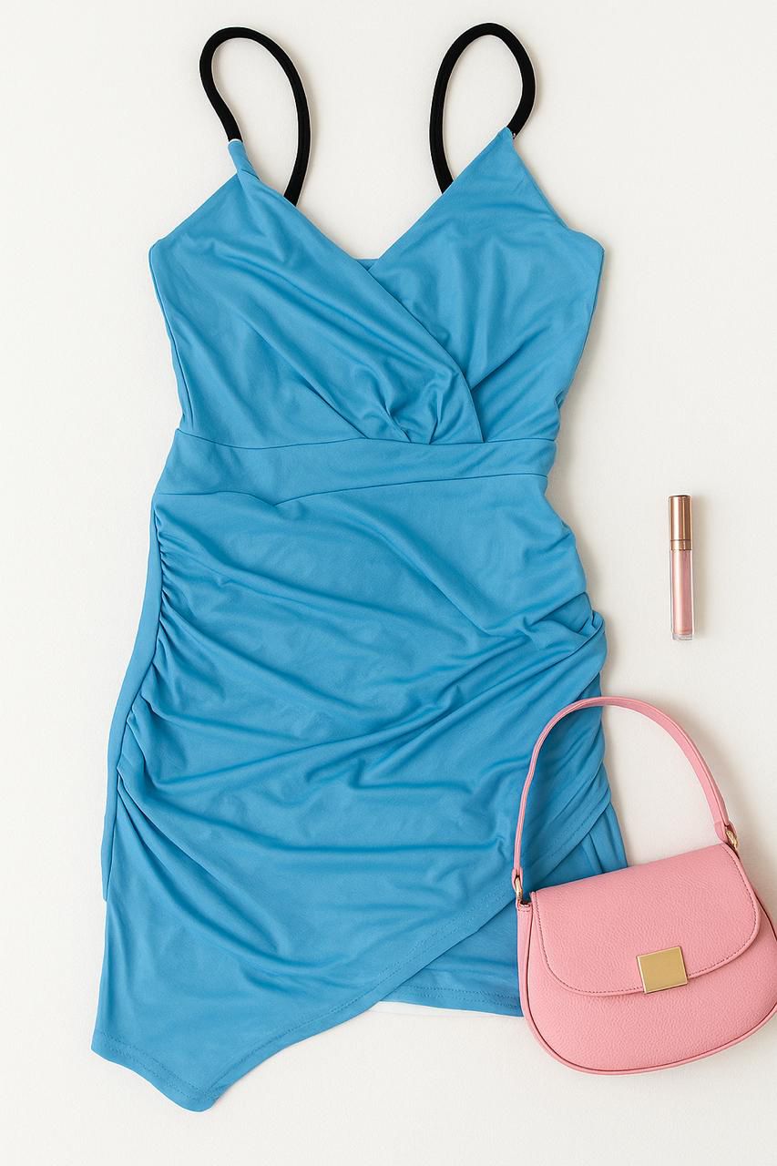 Blue ruched bodycon mini dress