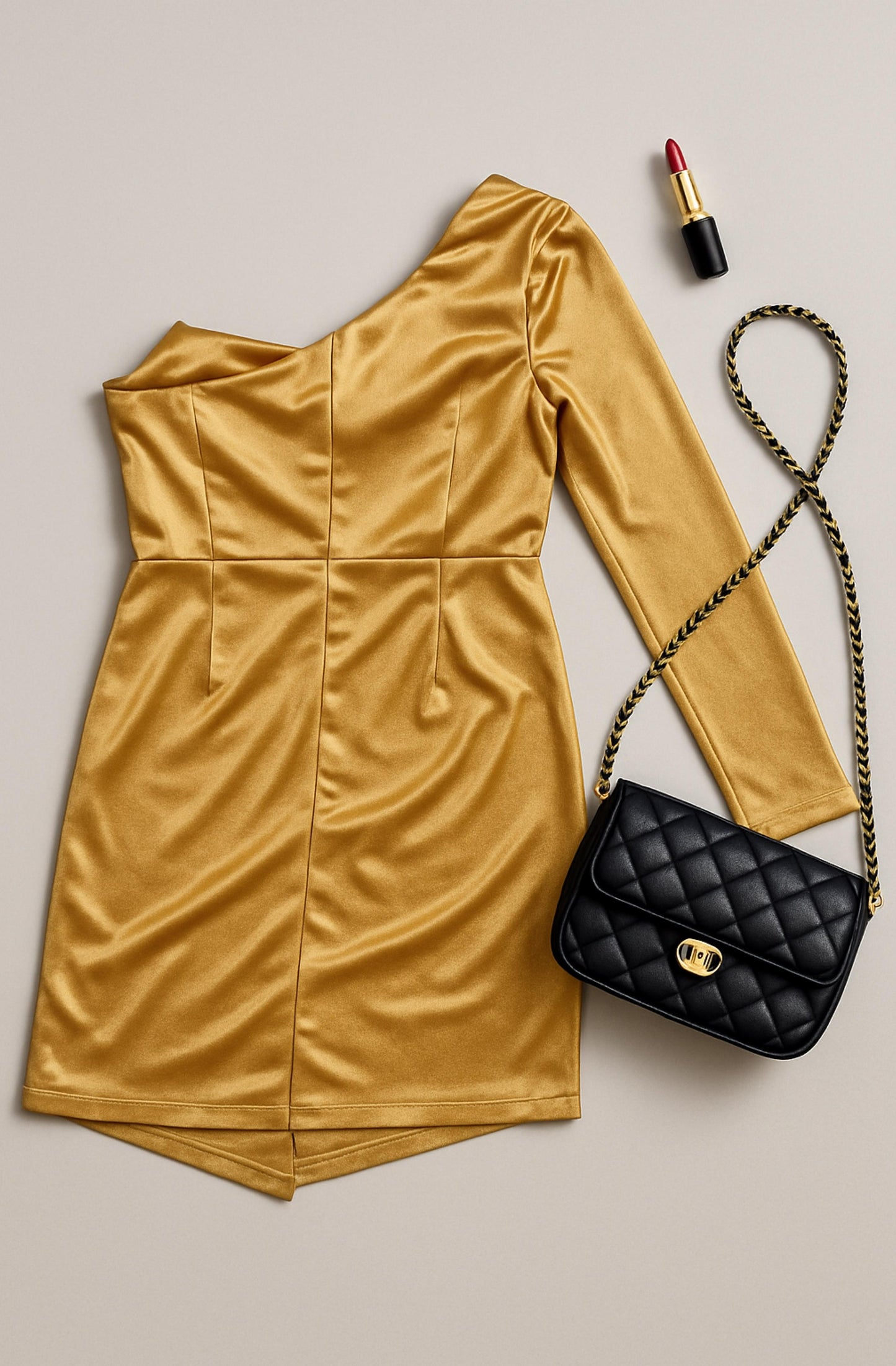 Gold Satin Padded One-Sleeve Dress