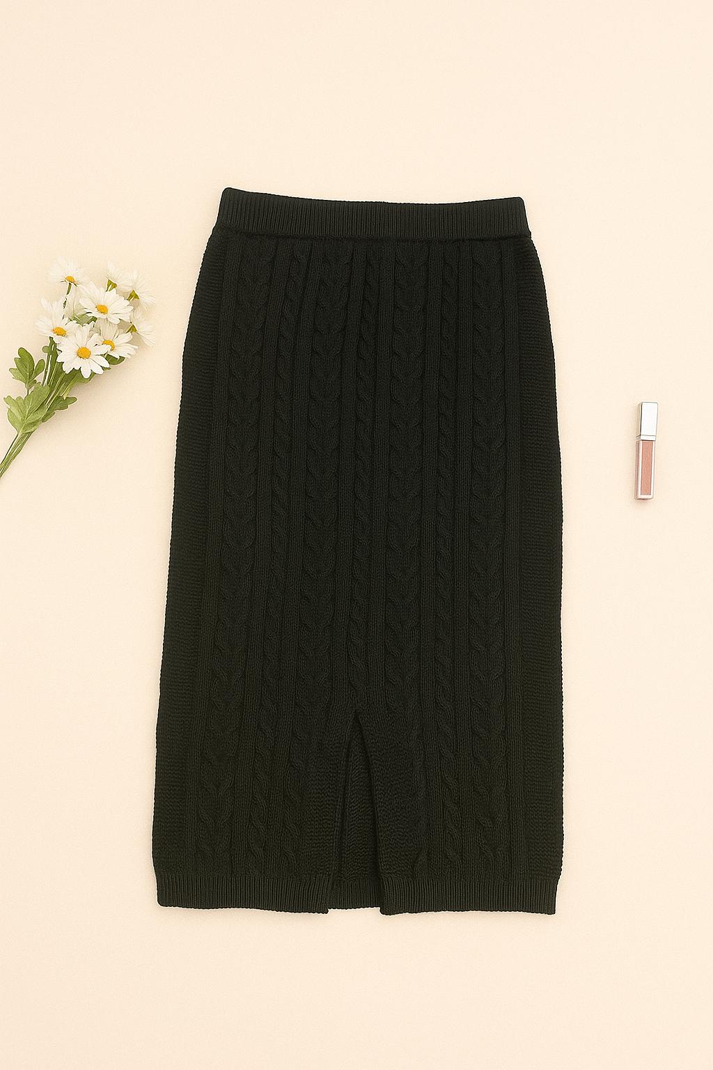 Black Cable Knit Midi Skirt