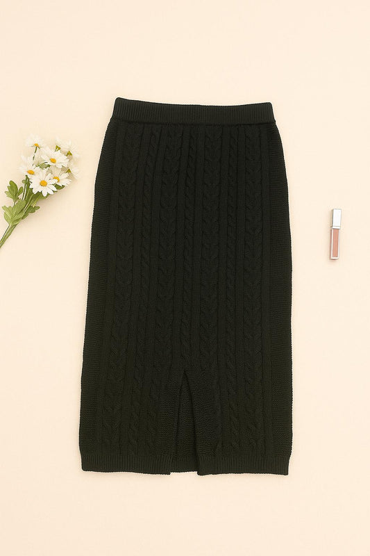 Black Cable Knit Midi Skirt