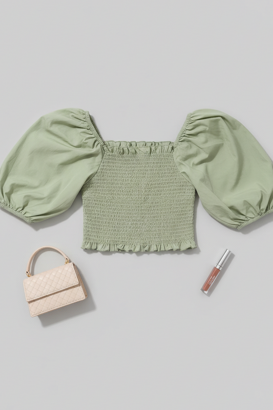 Sage Green Smocked Puff Sleeve Top