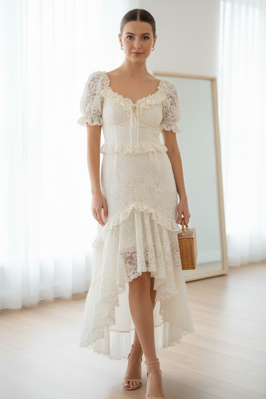 Ivory Lace High-Low Ruffle Dress
