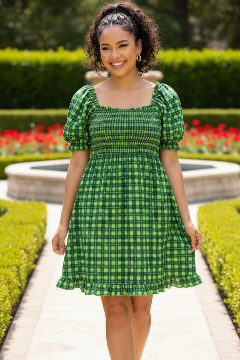 Green Plaid Smocked Puff Sleeve Mini Dress