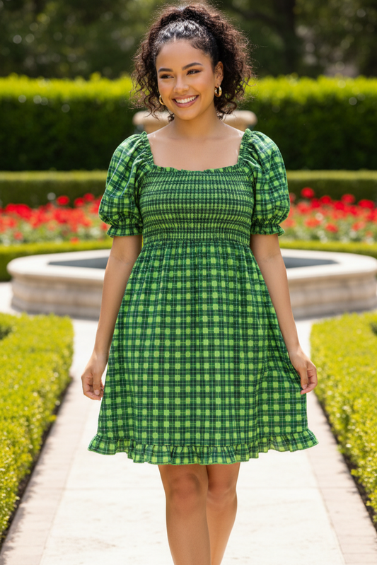Green Plaid Smocked Puff Sleeve Mini Dress