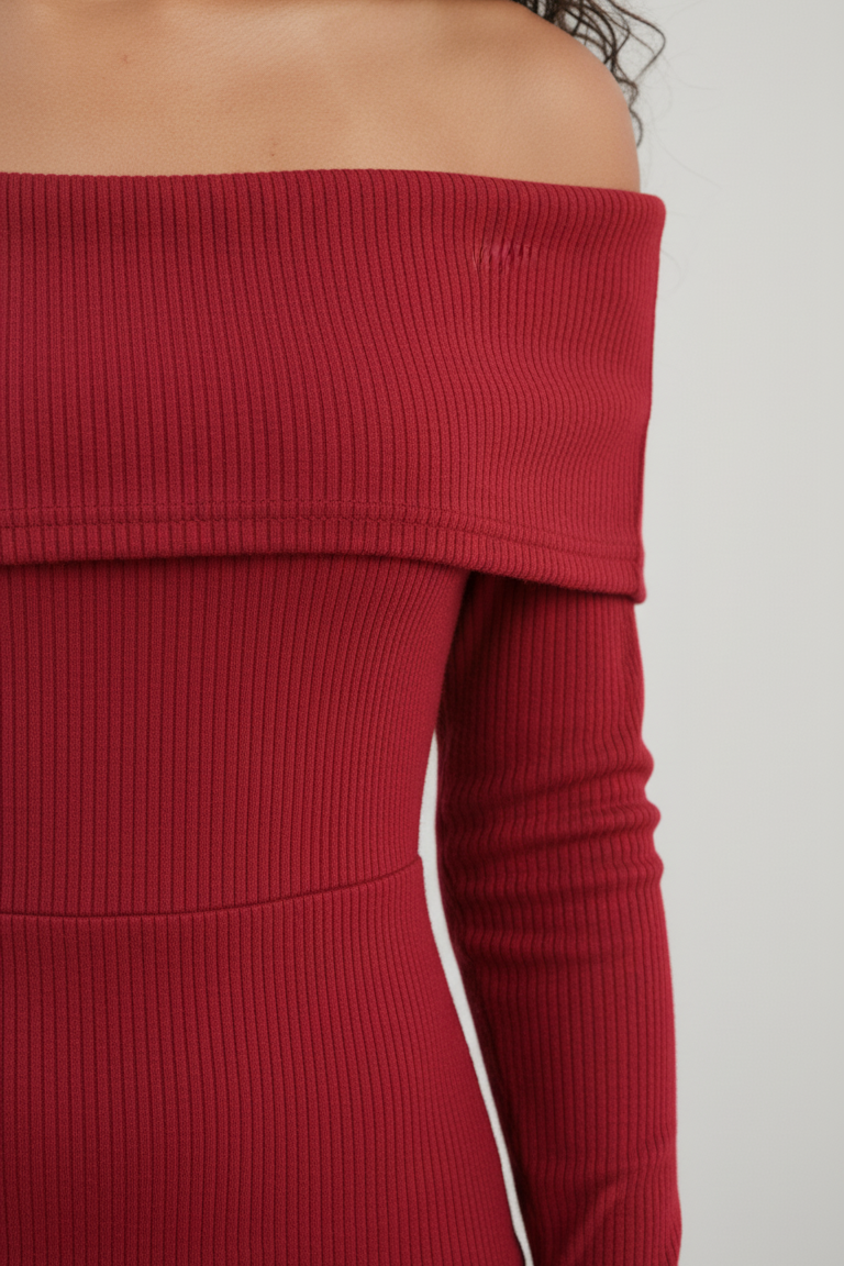 Red Ribbed Off-Shoulder Bodycon Midi Dress