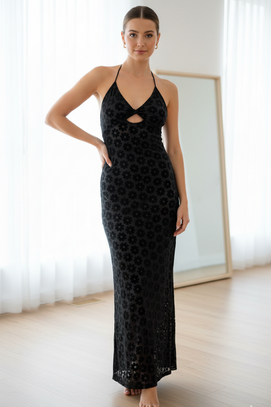 Black Floral Burnout Halter Maxi Dress