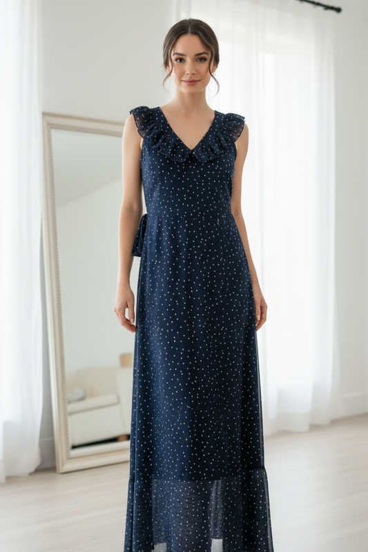 Navy Polka Dot Ruffle Maxi Dress