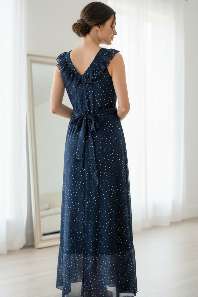 Navy Polka Dot Ruffle Maxi Dress