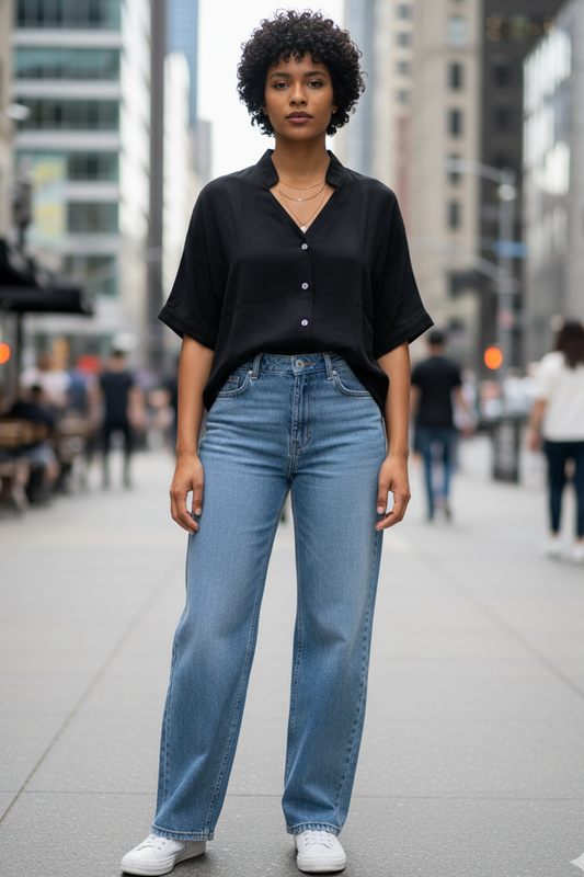 Black Short Sleeve Camp Collar Blouse