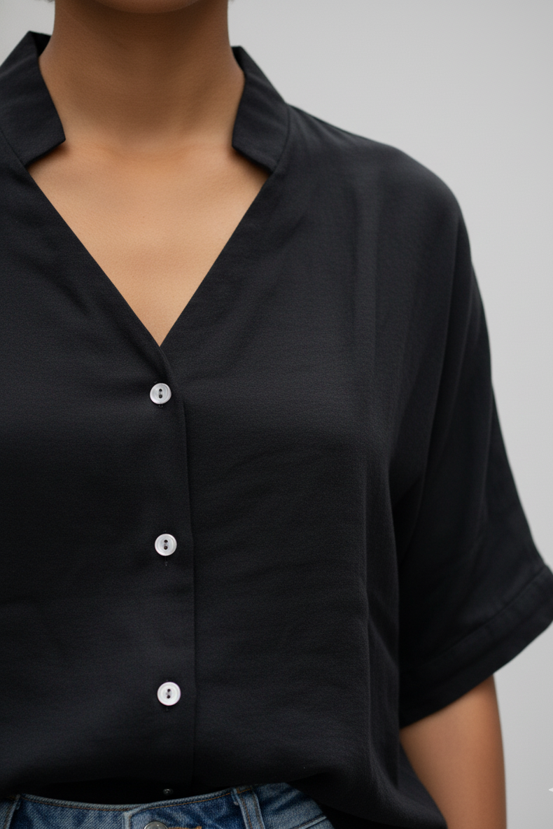 Black Short Sleeve Camp Collar Blouse