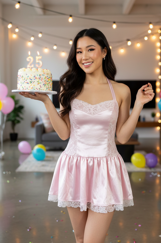 Pink Satin Lace Halter Dress