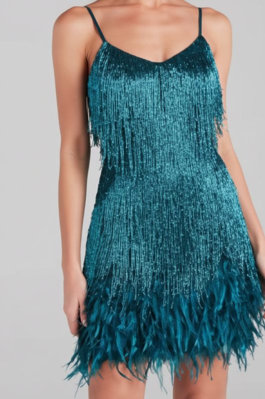 Teal Fringe and Feather Mini Dress
