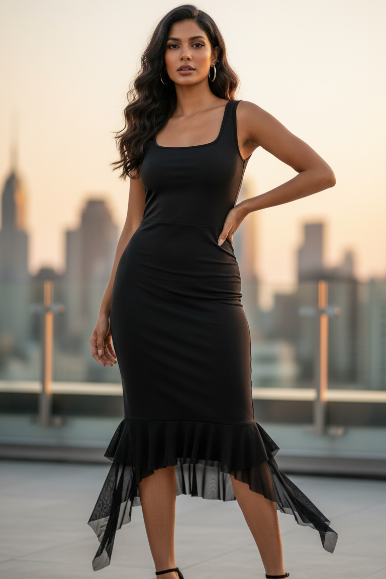 Black Ruched Ruffle Hem Midi Dress