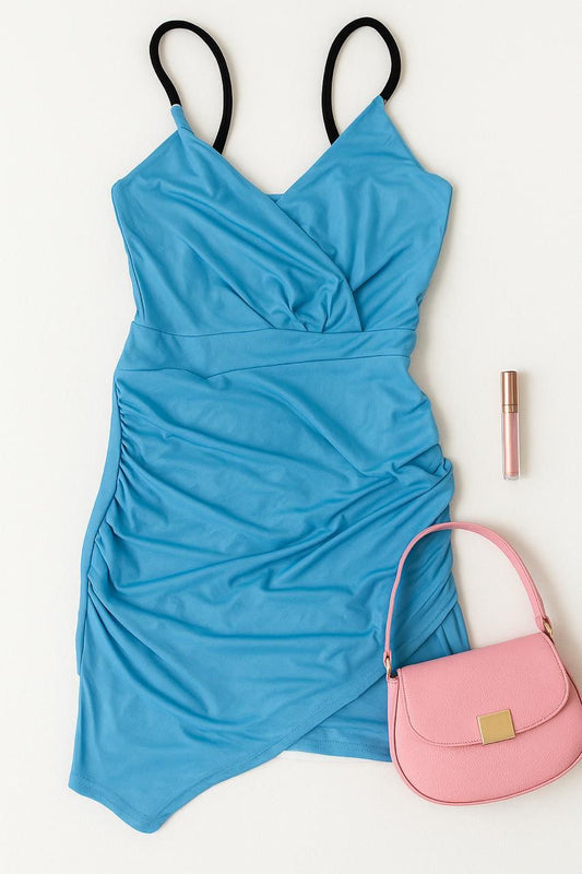Blue ruched bodycon mini dress
